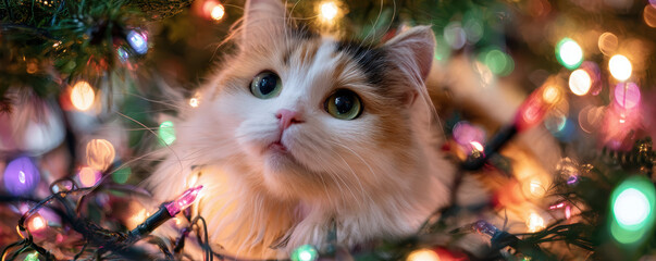 Cute cat surrounded by colorful Christmas lights creating warm festive atmosphere for pet lovers during holiday celebration joy and comfort