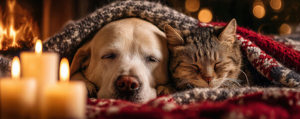 Cozy Christmas pet lovers enjoy peaceful moment with dog and cat snuggled under warm blanket near glowing candles and fireplace
