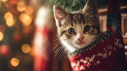 Christmas pet lovers enjoy this adorable kitten peeking from festive stocking with warm holiday lights creating cozy joyful atmosphere