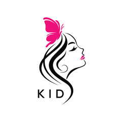 KID Elegant Beauty Woman Logo. KID with Butterfly Feminine Salon & Spa Branding. KID Luxury Beauty Icon Design.
