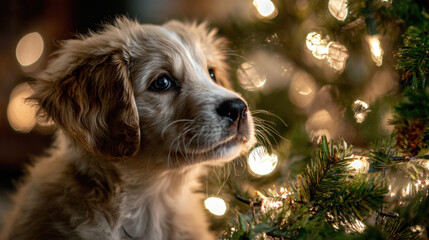 Cute puppy looks at glowing Christmas lights on tree creating warm scene for pet lovers during holiday season