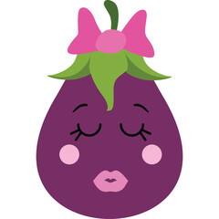 Cute purple eggplant character with closed eyes pink bow and rosy cheeks on transparent background whimsical cartoon illustration