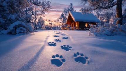 Snowy winter landscape with pet paw prints leading to cozy cabin glowing warmly at sunset perfect for christmas pet lovers joy