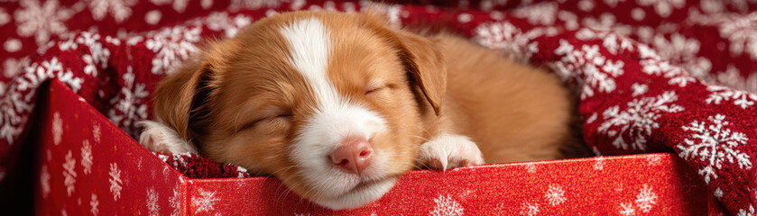 Sleeping puppy in red box with snowflake pattern creates warm Christmas scene for pet lovers enjoying festive moments together