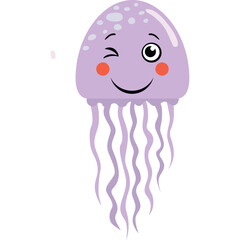 Cute Purple Jellyfish Cartoon Character Winking with Pink Cheeks on Transparent Background