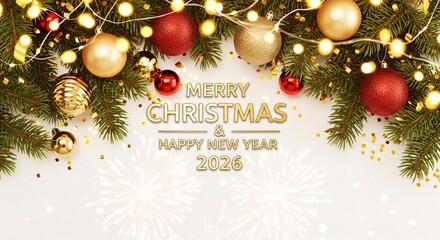 Christmas and New Year 2026 greeting with ornaments, lights, and pine branches on a white background.