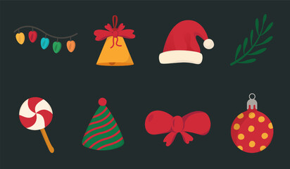 Christmas Design Elements Set with Santa Hat, Jingle Bell, Wreath, Lights, Candy, Party Hat, Red Bow, Bauble for Festive Holiday and Winter Illustration Collection