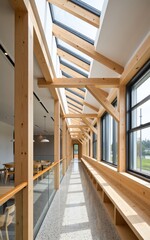 Interior view of a modern building with wooden beams, skylights, and large windows on a sunny day