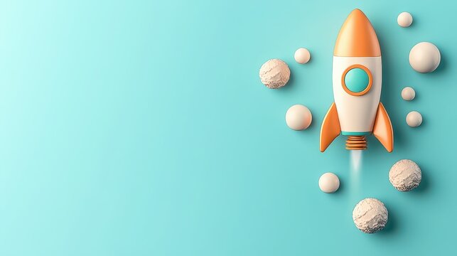Bright orange and white rocket ascends through a blue expanse, surrounded by smooth, textured celestial bodies and light.