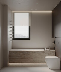 Minimalist bathroom interior with natural light, modern bathtub, and neutral tones creating a calm spa atmosphere.