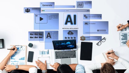 A modern workspace scene showcasing a collaborative effort with artificial intelligence elements, digital charts, and technology tools, emphasizing innovation and teamwork. Raster