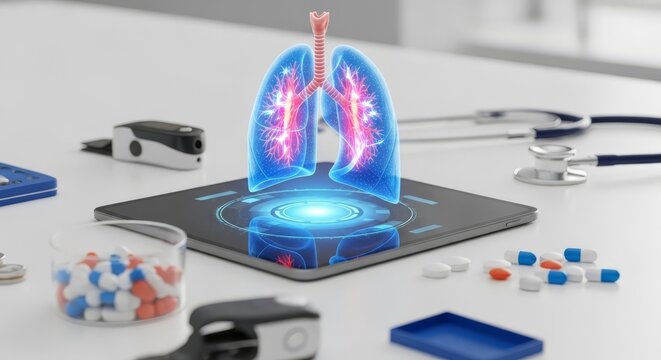 Holographic 3D human lungs projected on a tablet, surrounded by medical devices, pills, and a stethoscope, representing advanced healthcare technology and diagnostics.