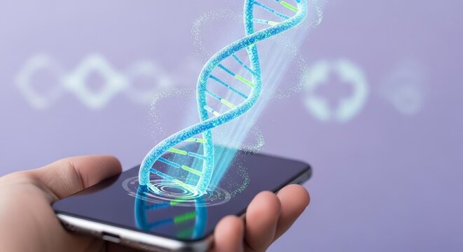 A hand holding a smartphone displaying a glowing, holographic DNA double helix structure emerging from its screen, symbolizing genetic technology and digital biology.