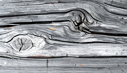 Distressed wooden texture with visible grain patterns and two knots. Weathered, rustic appearance with gray tones