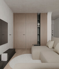 Cozy modern living room with beige sofa, wooden accents, and warm lighting in a minimalist neutral palette.
