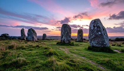 Ancient stones stand in a grassy field under a colorful sunset sky with pink, orange, and purple hues