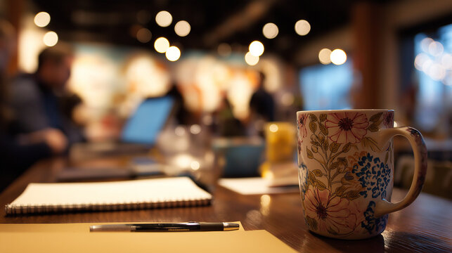 A coffee mug, notepad, and pen with coworkers using laptops