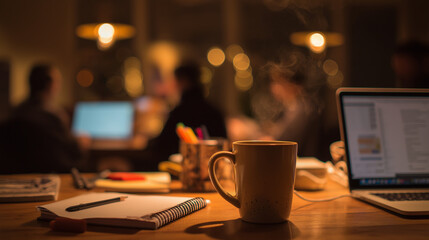 A coffee mug, notepad, and pen with coworkers using laptops