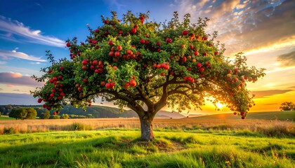 Apple tree laden with fruit at sunset, sits in a lush field with blue sky and bright clouds in the distance