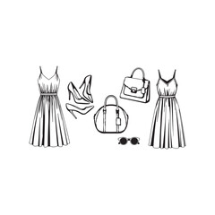 Illustration of hand drawn sketch of summer fashion set dresses, shoes, bags and sunglasses