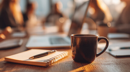 A coffee mug, notepad, and pen with coworkers using laptops