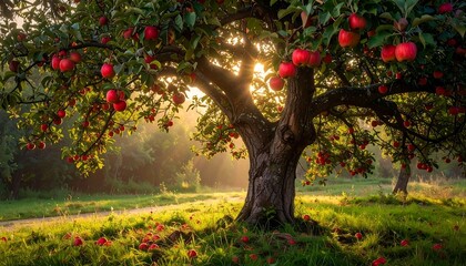Apple tree with ripe fruit in sun-drenched orchard on a summer day, with path visible in background