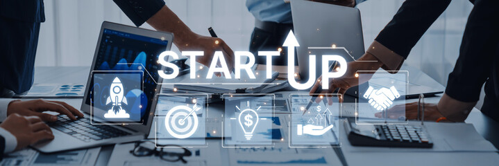Concept of a new startup business venture. The process includes innovation, setting targets,...