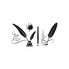 Illustration of feather quill pen and inkwell with ink splash writing, poetry, literature