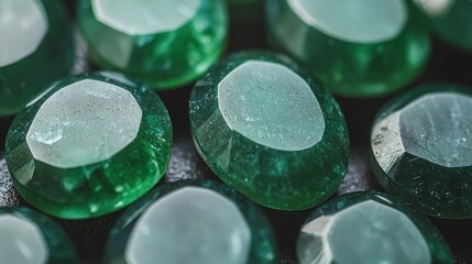 Close-up of many vibrant green gemstones