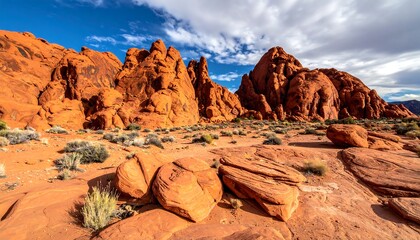 Arid landscape featuring large sandstone rock formations against a bright blue sky and scattered clouds