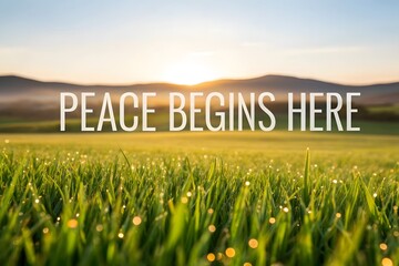 Sunrise illuminating grass field with peace beginning here quote