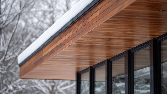 Modern house eave with cedar soffit and snow