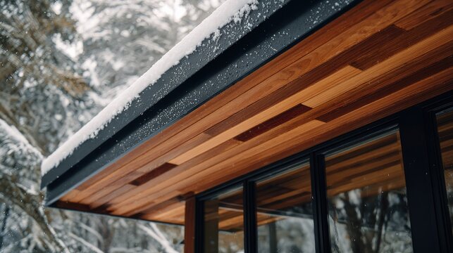 Modern house eave with cedar soffit and snow