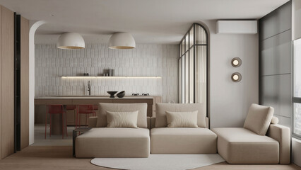 Modern open-plan living room and kitchen with beige furniture, soft lighting, and Scandinavian minimalist design.