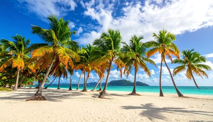 Beach paradise Turquoise water meets white sand, framed by swaying palm trees under a bright blue sky
