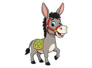 Cute cartoon donkey vector with a big smile, isolated on white. Funny farm animal illustration in grey, perfect for wildlife, zoo, or domestic character designs.