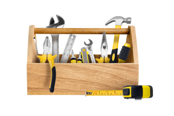Wooden Toolbox with Hand Tools on transparent background png