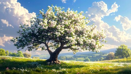 Blossoming tree graces a sunlit meadow under a sky filled with puffy clouds, evoking a serene, springtime landscape