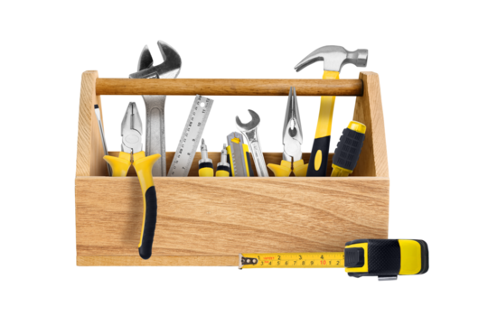 Wooden Toolbox with Hand Tools on transparent background png