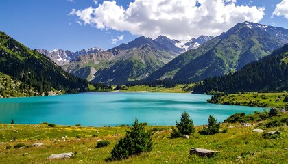 Bright turquoise lake surrounded by forest, hills, and snow-capped mountains under a sunny, partly cloudy sky