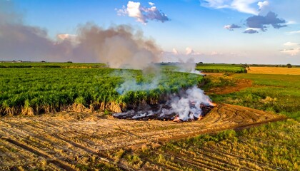 Burning crop field with rising smoke under a partly cloudy, expansive sky in late afternoon sunlight