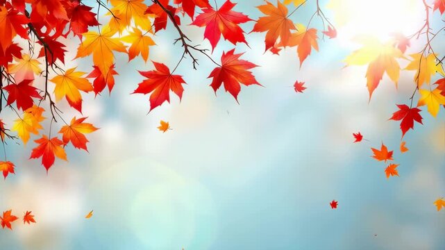 Vibrant Maple Leaves in Autumn Colors Fall Gently Against a Soft Blue Sky With Sun Flare