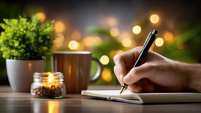 Person writing on paper with candle and coffee cup