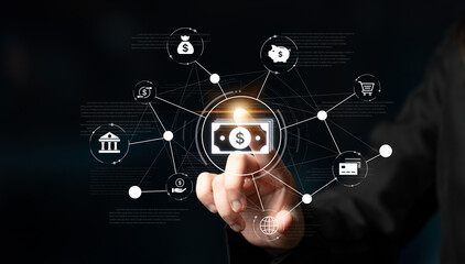 A fintech concept showing a network of digital banking services. This includes secure online payments, global transactions, and e-commerce for the modern financial system. Fermion