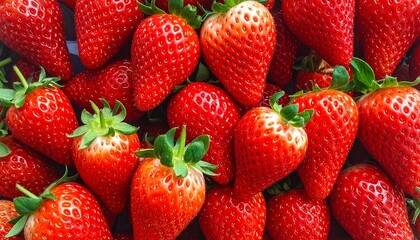 Close-up of fresh, ripe red strawberries piled together, their green stems and leaves providing a vibrant contrast