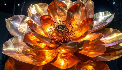 Metallic lotus flower sculpture with copper and silvery-blue petals glowing against dark background for editorial art photography nature-inspired design and poetic craftsmanship-themed visuals