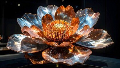 Metallic lotus flower sculpture with copper and silvery-blue petals glowing against dark background for editorial art photography nature-inspired design and poetic craftsmanship-themed visuals