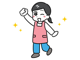 ガッツポーズでやる気のあるエプロンを着た若い女性(全身)