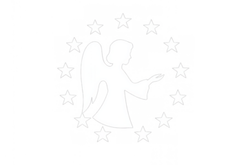 Angel silhouette offering guidance, surrounded by stars in a circle, representing spirituality and peace, transparent background