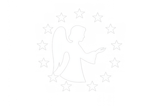 Angel silhouette offering guidance, surrounded by stars in a circle, representing spirituality and peace, transparent background